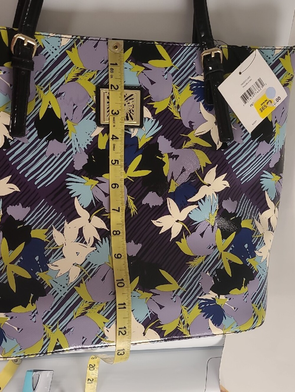 Anne Klein NWT Black Patent Floral Tote with Lavender and Lime Accents - Picture 9 of 14